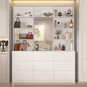 White 9-Drawers 63 in. W Dresser Closet System With Shelves and Mirror for Bedroom Living Room Fitting Room, White