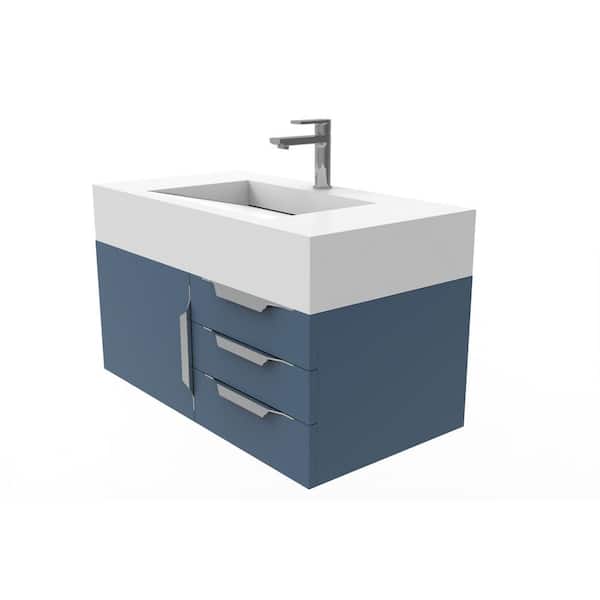 castellousa Nile 36 in. W x 19 in. D x 20 in. H Bath Vanity in Matte Blue with Chrome Trim and White Solid Surface Top