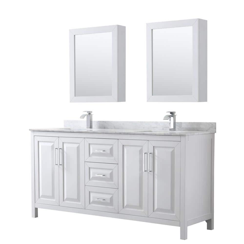 Elegant 72" White Double Vanity with Carrara Marble Top and Polished Chrome Hardware