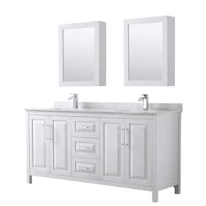 Daria 72 in. Double Bathroom Vanity in White with Marble Vanity Top in Carrara White and Medicine Cabinets