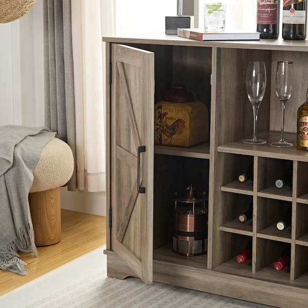 FUNKOL 31.5in x 15.75in x 31.5in Espresso MDF Ready to Assemble Kitchen Cabinet with 1 Barn Wood Cabinet Door and 9 Wine Racks