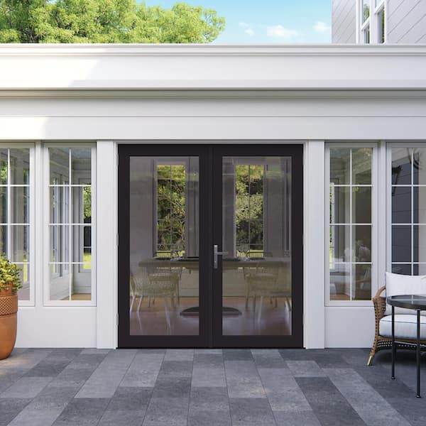72 in. x 80 in. F4500 Left-Hand/Outswing Black Fiberglass French Patio Door w/ Low-E Glass, Nickel Handle and Screen