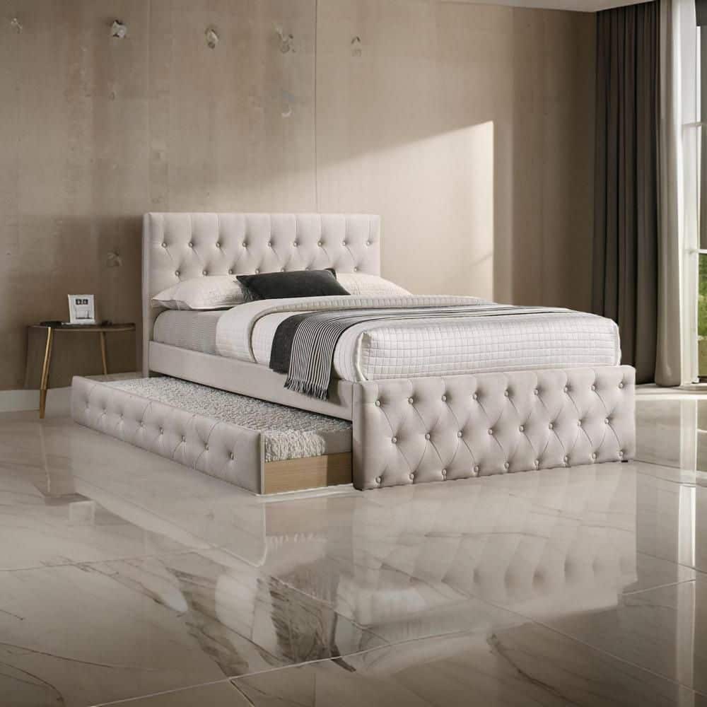 Nek Beige Wood Frame Twin Size Platform Bed with Trundle Tufted price history on PriceWatchPro