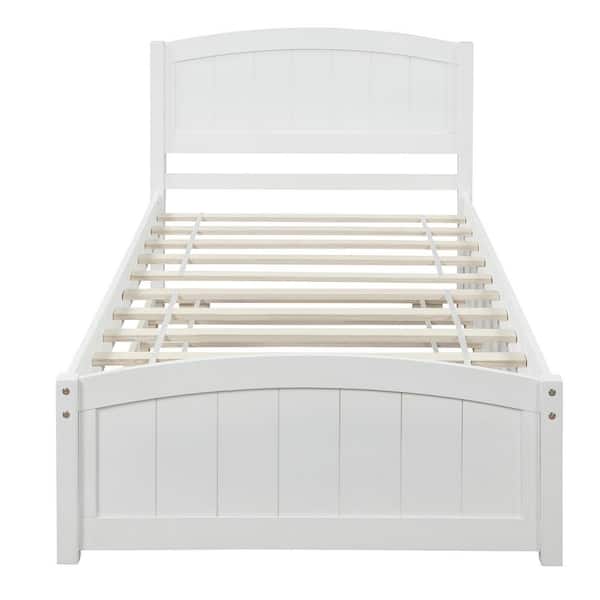 White Twin Size Wood Platform Bed with Trundle, Wood Kid Captain Bed Frame with Headboard and Footboard