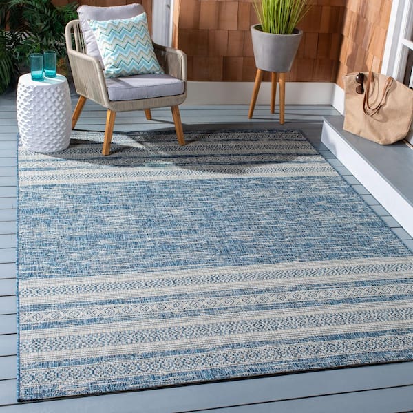 Courtyard Navy/Gray 8 ft. x 10 ft. Aztec Striped Indoor/Outdoor Patio  Area Rug