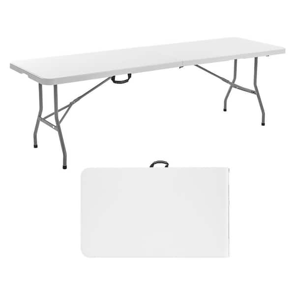 Folding Table, 8 Ft. Heavy Duty Portable Fold-in-Half Plastic Rectangle Table with Handle for Indoor/Outdoor, White