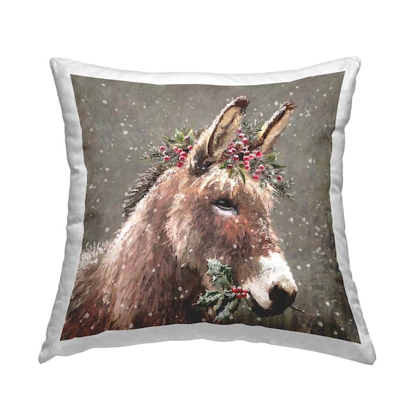 Festive Donkey Holly Berries Tan Geometric Polyester 18in. X 18in. Throw Pillow