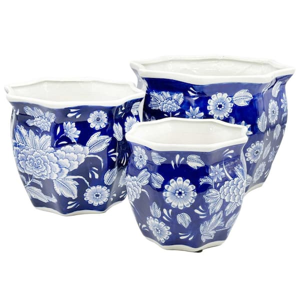 Set of 3-7.5 in. / 10 in. / 13 in. Dark Blue and White Ceramic Chinoiserie Planter Pot Set