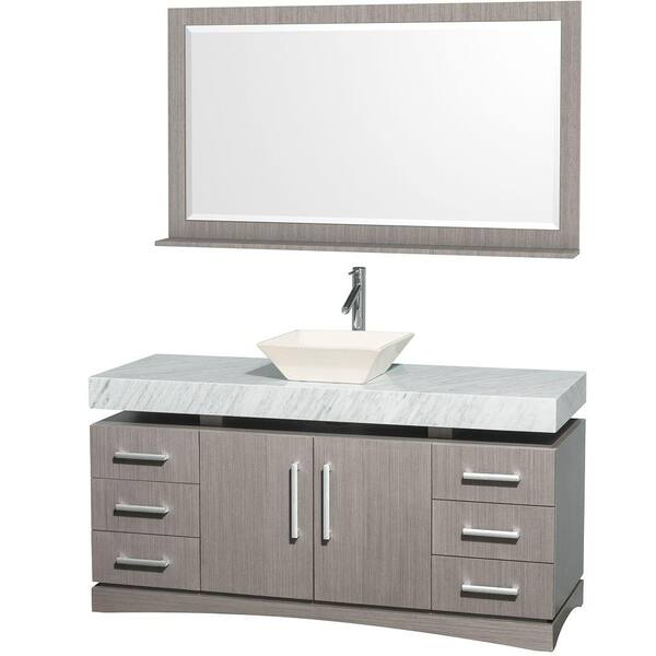 Wyndham Collection Monterey 60 in. Vanity in Grey Oak with Marble Vanity Top in Carrara White and Bone Porcelain Sink-DISCONTINUED