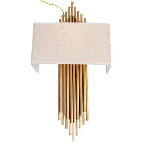 13.7 in. 2-Light Gold Modern Minimalist Wall Sconce with Fabric Shade for Bedroom Hallway Decor
