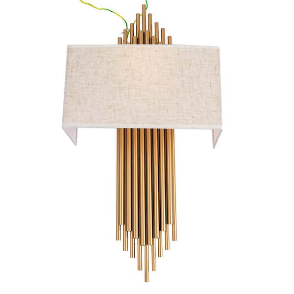 OUKANING 13.7 in. 2-Light Gold Modern Minimalist Wall Sconce with Fabric Shade for Bedroom Hallway Decor