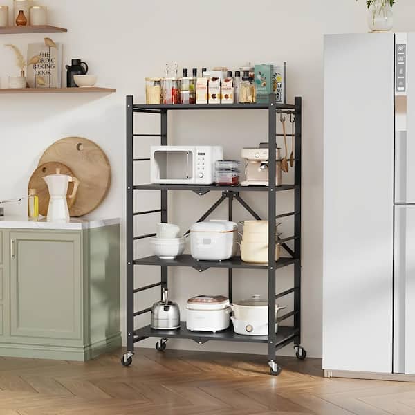 Bunpeony Black 4-Tier Foldable Storage Shelves, Metal Storage Rack with Wheels and Hooks