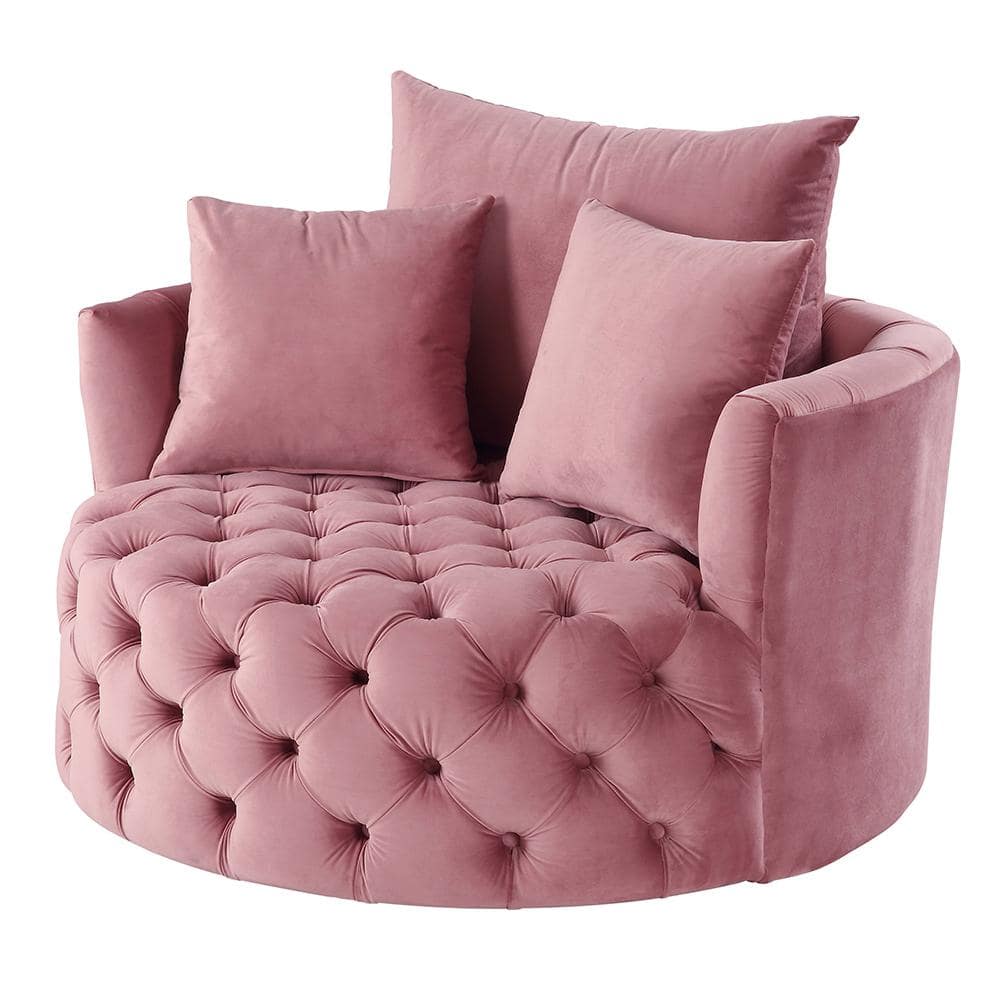 Pink Velvet Barrel Swivel Accent Chair with Pillows