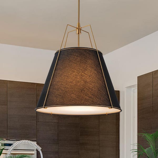 Haven Modern Farmhouse 23.6 in. W 4-Light Brass Frame Pendant Light with Black Fabric Shade for Hallway or Kitchen