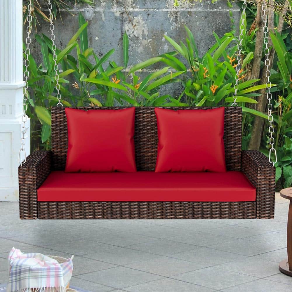 Tenleaf 50 in. 2person Brown Wicker Porch Swing with Red Cushion and