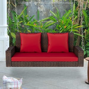 50 in. 2-person Brown Wicker Porch Swing with Red Cushion and Reinforced Galvanized Steel Chain