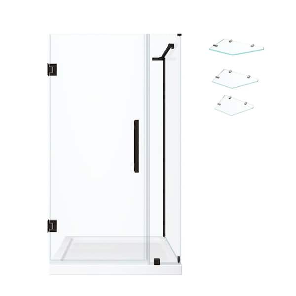 Tampa-Pro 32in. L x 32in. W x 75in. H Corner Shower Kit w/Pivot Frameless Shower Door in ORB w/Shelves and Shower Pan
