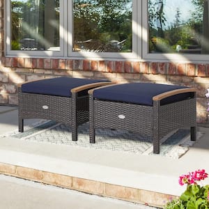 2-Piece Wicker Outdoor Patio Ottomans Wooden Handles Rattan Knitting Foot Pedal with Navy Cushions