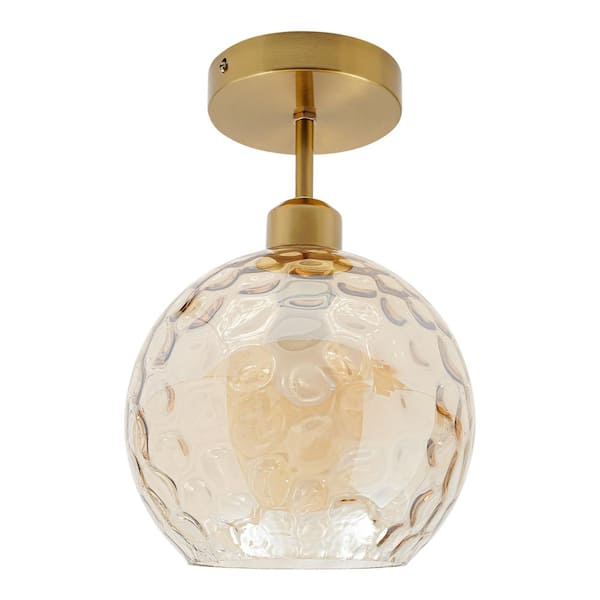 OUKANING 7.87 in. 1-Light Gold Modern Semi-Flush Mount Ceiling Light with Amber Glass Shade and No Bulbs Included