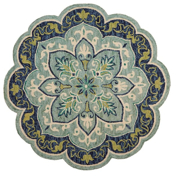 Unbranded Daliah Geometric Teal Round 4 ft. x 4 ft. Floral Indoor Area Rug