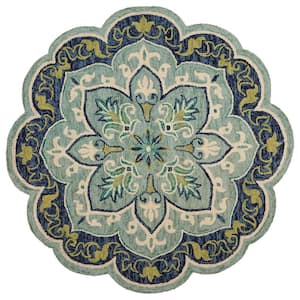 Daliah Geometric Teal Round 4 ft. x 4 ft. Floral Indoor Area Rug