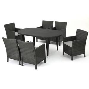 Sardinia 30 in. Grey 7-Piece Metal Oval Outdoor Dining Set with Light Grey Cushions
