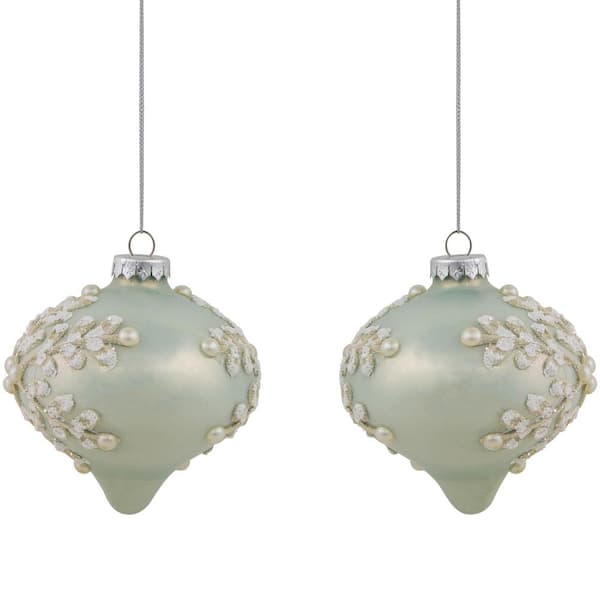 Set of 2 Pastel Green with Icy Snowflakes Christmas Glass Onion Ornaments 4 in.