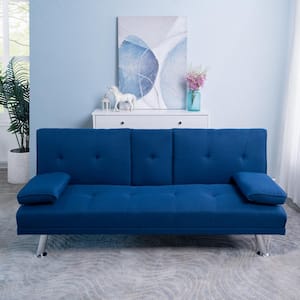Blue, Futon Sofa Bed Faux Leather Futon Couch with Armrest 2-Cupholders, Sofa Bed Couch Convertible with Metal Legs