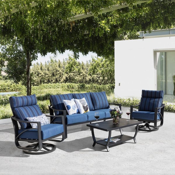 Patio Time Jarvis 4-Piece Aluminum Outdoor Sofa Set with Blue Cushions