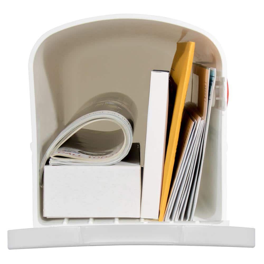 White Medium Plastic Post Mount Mailbox with Red Flag