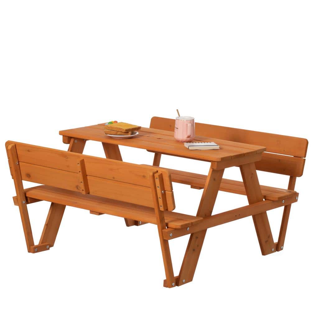 Rustic Fir Wood Kids Picnic Table Bench with Backrest