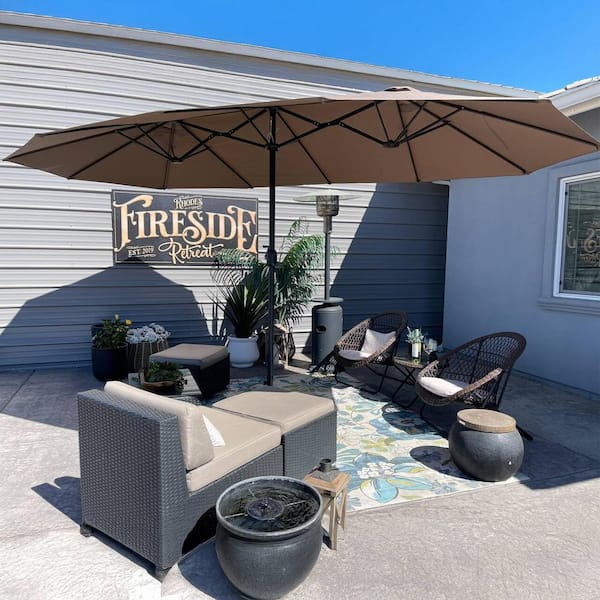 15 ft. Market Patio Umbrella with Double-Sided Outdoor Table Sun Umbrellas in Taupe with Base