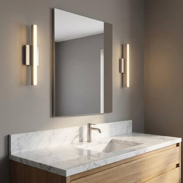 Marque 13 in. W x 4.5 in. H Brushed Nickel Modern LED Dimmable Bathroom Vanity Light with White Acrylic Shade