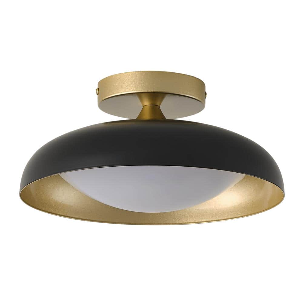 Mid Century 1-Light 11.41 in. Dimmable Black and Gold Semi-Flush Mount Ceil