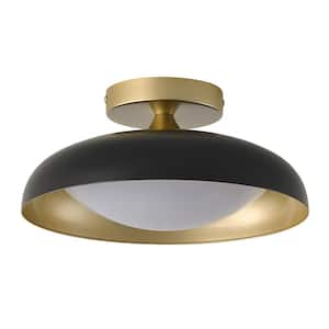 Mid Century 1-Light 11.41 in. Dimmable Black and Gold Semi-Flush Mount Ceiling Light with Metal Dome Shade