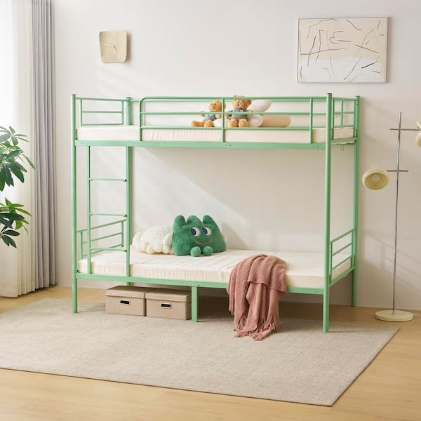 Green Twin Over Twin Steel Bunk Bed Frame Ladder Bedroom Dorm Room for Kids Adult Children