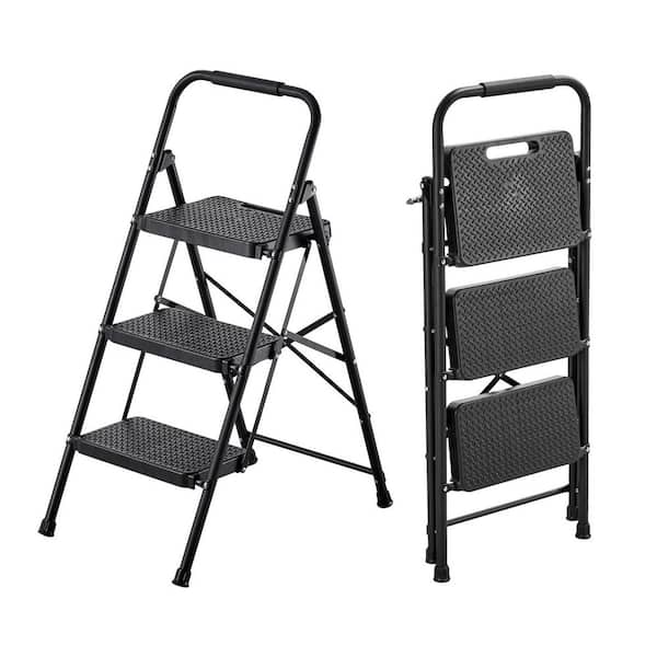 3 Step Ladder, Black, Lightweight 600 lbs. Capacity Portable Steel Ladder, Folding Step Stool with Wide Anti-Slip Pedal