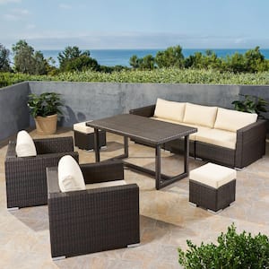 Santa Rosa Multi-Brown 8-Piece Faux Rattan and Aluminum Outdoor Dining Set with Cream Cushions