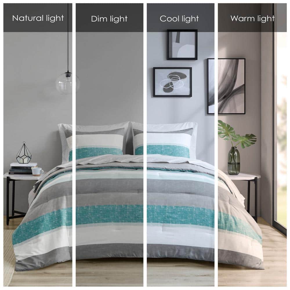 Aqua and Grey Reversible Microfiber Full Bedding Set