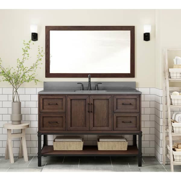 Alster 46 in. W x 30 in. H Rectangular Wood Framed Wall Bathroom Vanity Mirror in Brown Oak