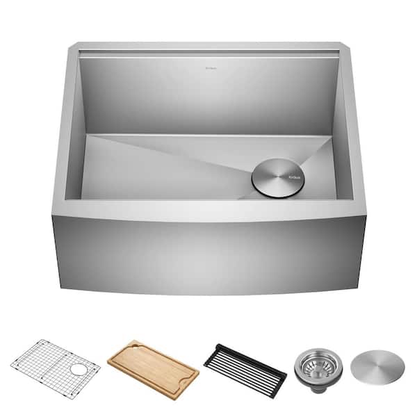 KRAUS Kore 16 Gauge Stainless Steel 24" Single Bowl Farmhouse Apron Kitchen Sink with Accessories