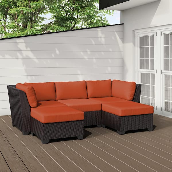 TK CLASSICS Barbados 5-Piece Outdoor Wicker Patio Conversation Furniture Set with Tangerine Cushion