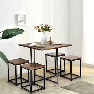 5-Piece Walnut Wood Top Dining Set Compact Dining Table and 4-Stools Metal Frame
