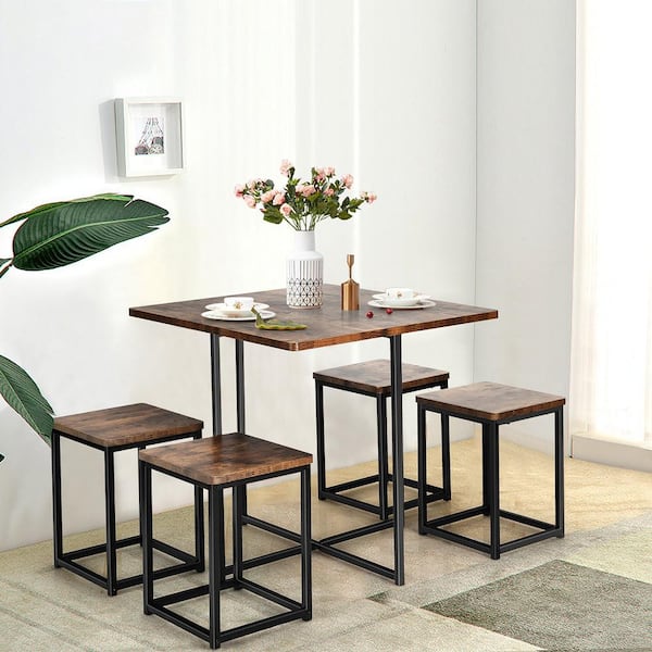 5-Piece Walnut Wood Top Dining Set Compact Dining Table and 4-Stools Metal Frame