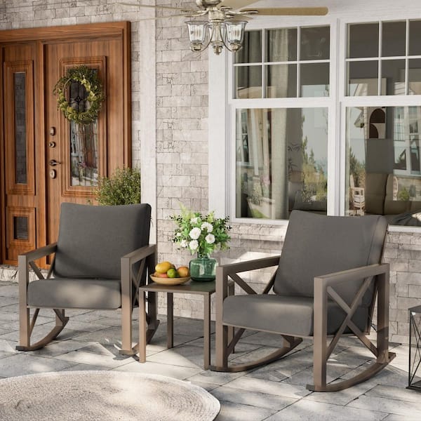 3-Piece Metal Patio Conversation Set with Gray Cushions