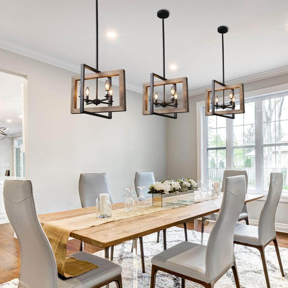 Rustic Wood & Iron 4-Light Black Candelabra Pendant Chandelier