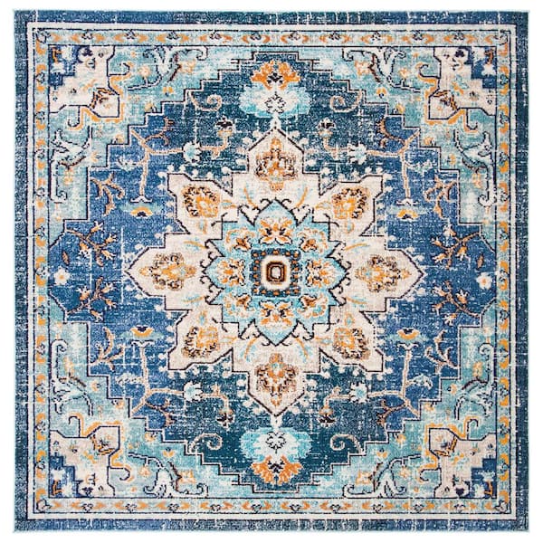 SAFAVIEH Madison Blue/Light Blue 12 ft. x 12 ft. Border Geometric Floral Medallion Square Area Rug