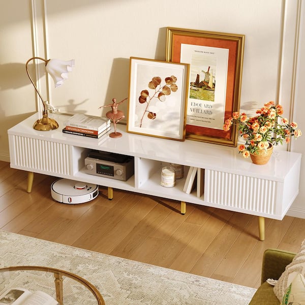 71 in. Modern Glossy White TV Stand Fits TV Up to 75 in. Entertainment Center with Storage Cabinets and Sliding Doors