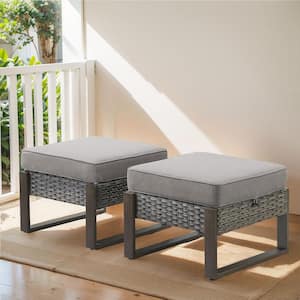 Allcot 2-Piece Gray Wicker Outdoor Ottoman Patio Rattan Footrest Seat Steel Frame Foostool with Removable Gray Cushions