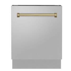 ZLINE Autograph Edition 24 in. 3rd Rack Top Control Tall Tub Dishwasher in Stainless Steel with Champagne Bronze Handle
